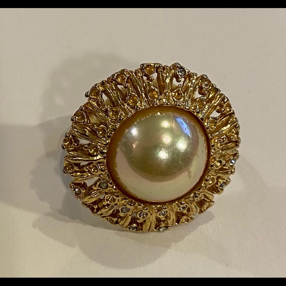 Ring WOMENS Vtg Large Pearl Gold Ring Size 8.75”